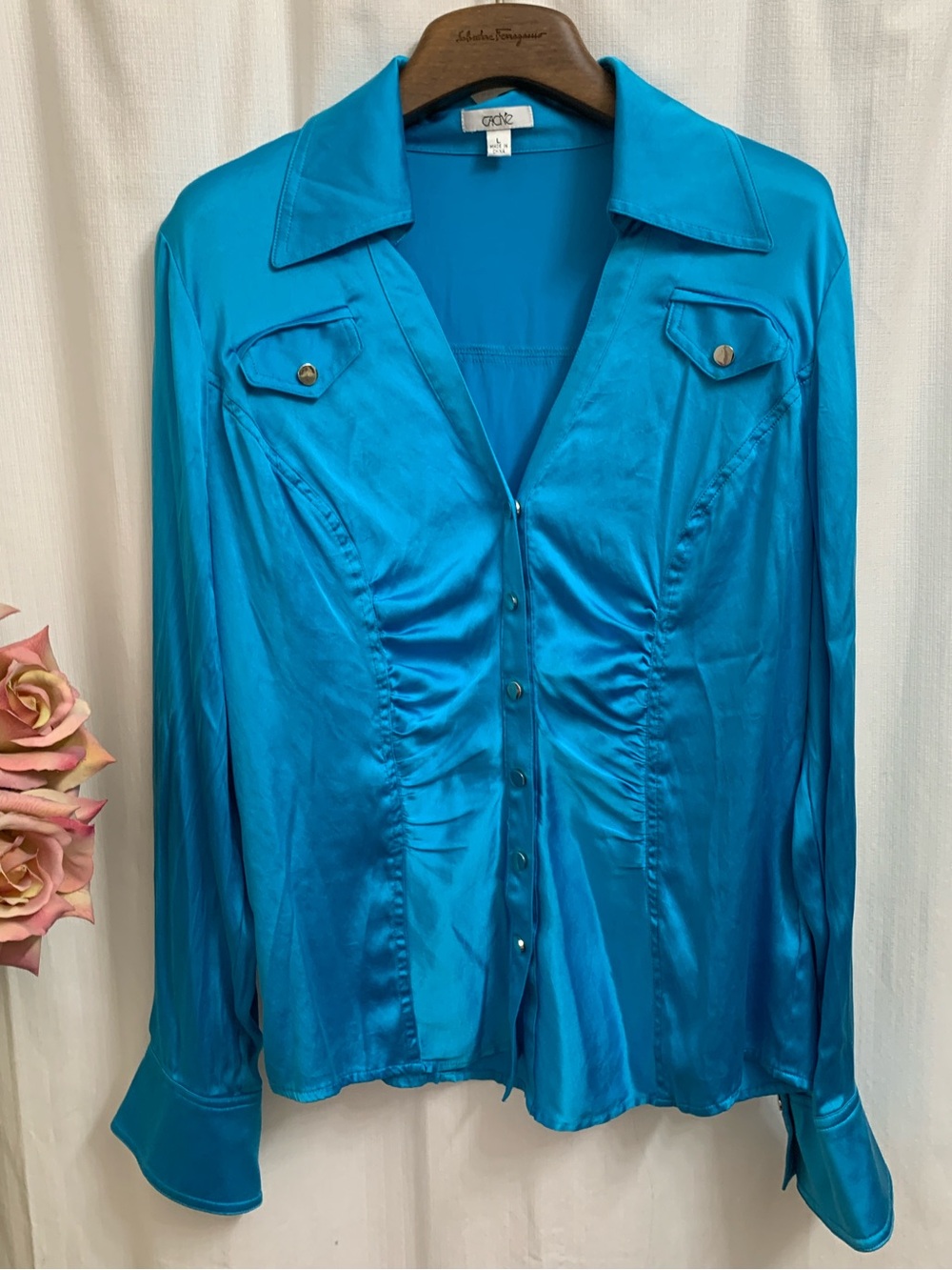 Vintage Cache Silk Button-Down Blouse in Teal Turquoise w/Silver Snaps
